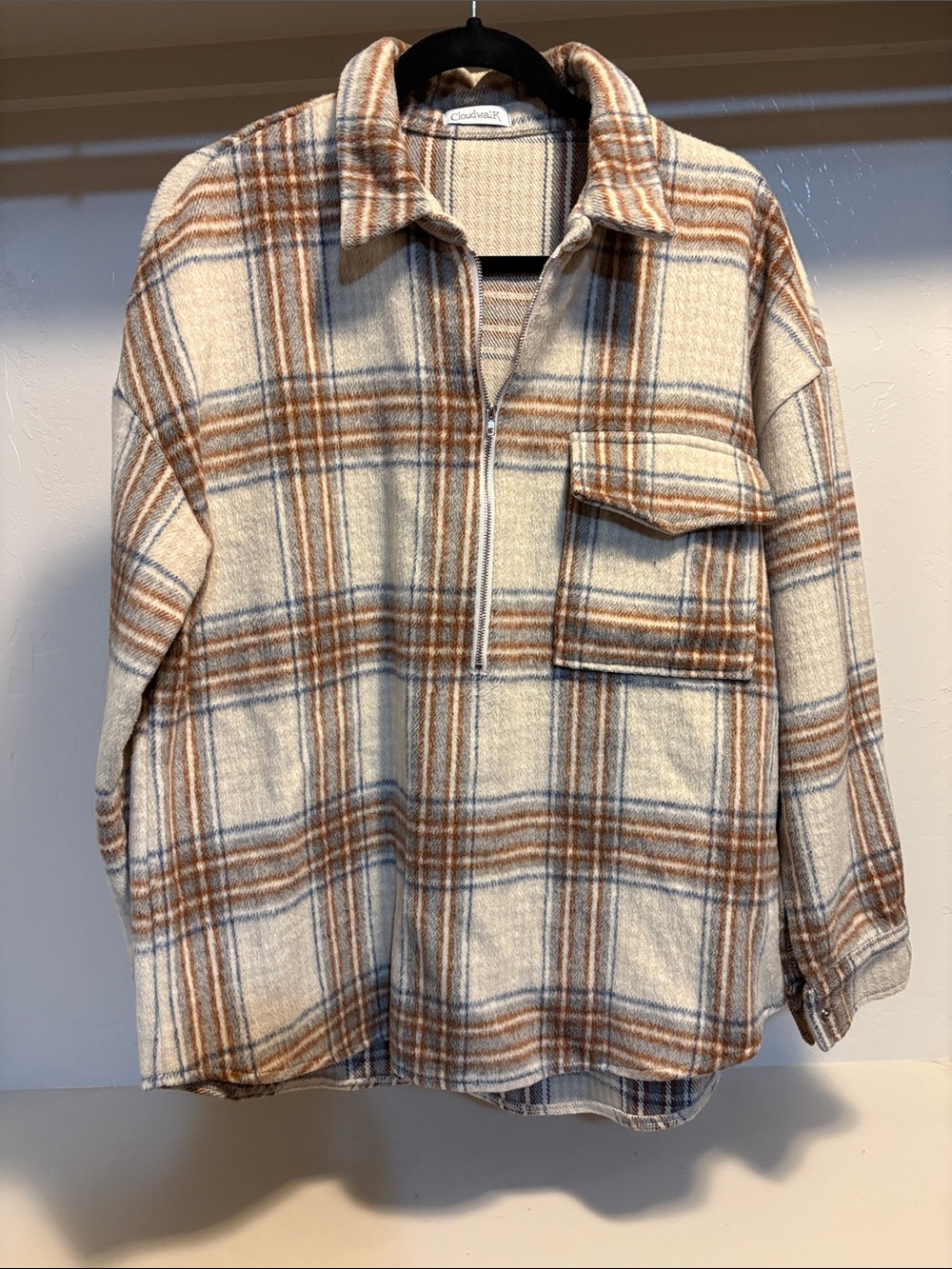 cloudwalkers Cream Plaid Button-Front Shacket with Brown and Gray Stripes